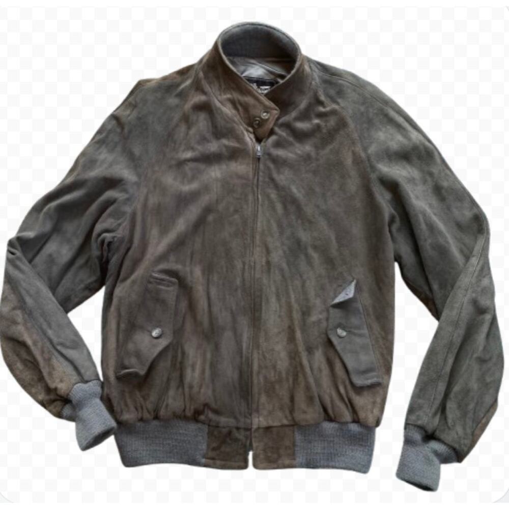 Vintage Suede Leather Bomber Jacket‎ Men's Gray Brown Full Zip Flight Moto